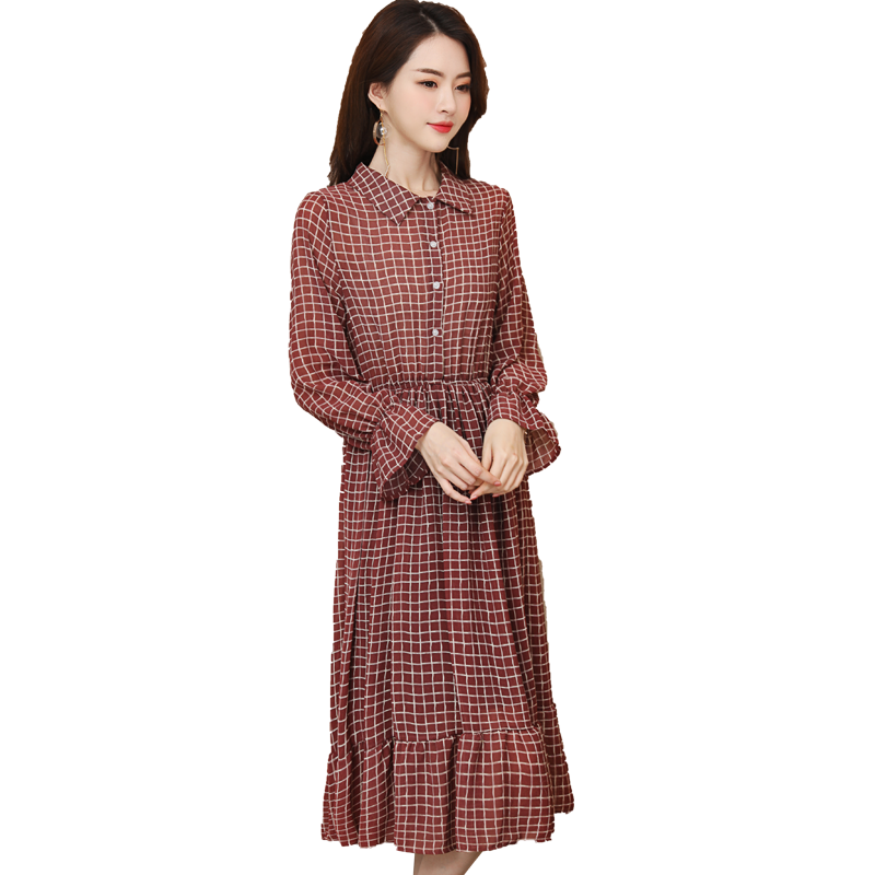 丝柏舍2019春装新款女装翻领收腰长袖格纹中长款连衣裙S81R0889L