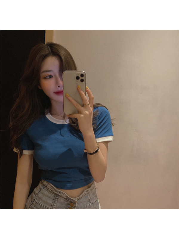 短款休闲打底衫上衣女修身短袖T恤女夏纯色圆领韩国女装