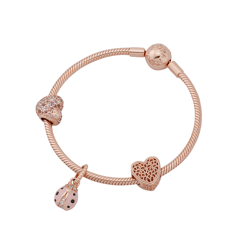 pandora潘多拉女款繁华盛开系列幸运粉色瓢虫手链diy串珠手串手链组套