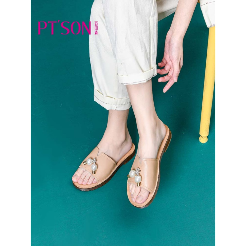 百田森2021夏季新款甜美水钻珍珠饰花拖鞋女平底牛皮休闲女拖鞋女