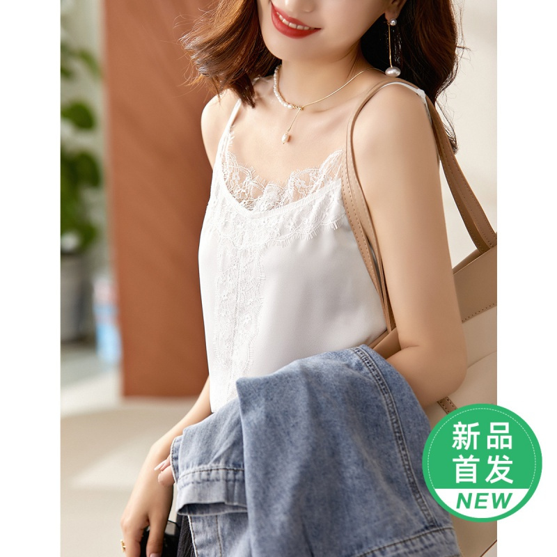 OUNIXUE欧昵雪 | 夏季百搭睫毛蕾丝拼接无袖背心时尚小衫直筒性感打底吊带衫女