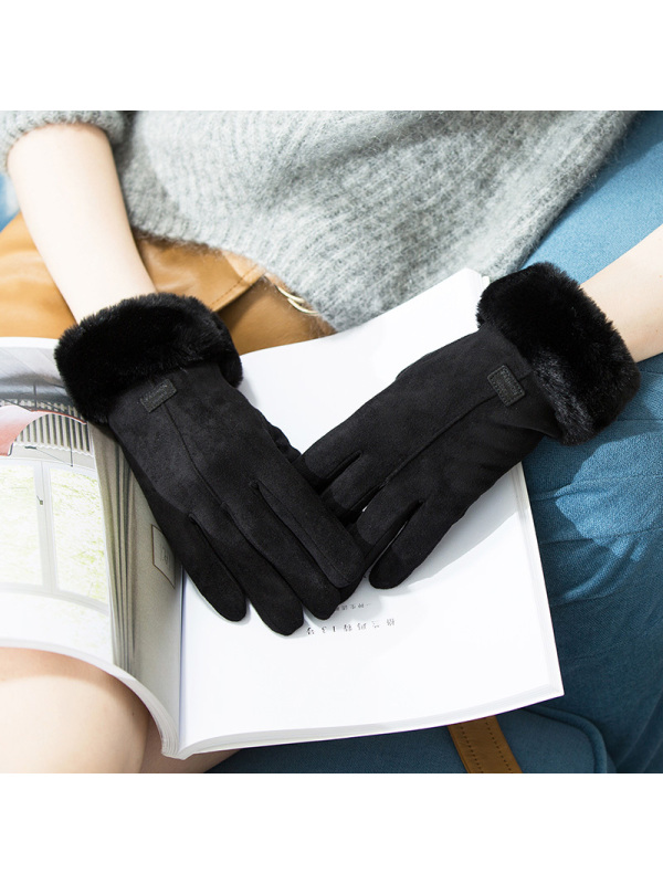 宏达HONDAR 秋冬女款韩式柔软毛绒腕口加绒防寒皮绒保暖手套 ST847