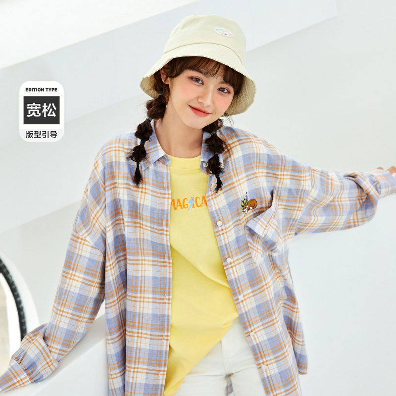 【满198减100预估价：79】森马长袖衬衫女格子衬衣春装2021年新款刺绣叠穿设计感小众上衣寸