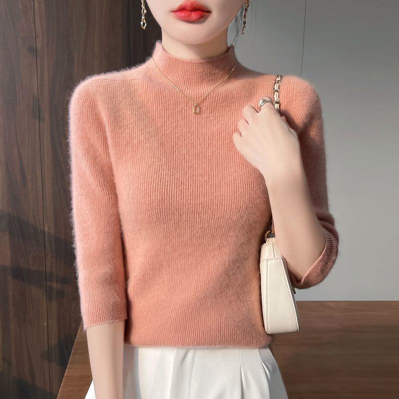 早春新款半高领针织衫短袖女宽松套头内搭毛衣抽条显瘦打底衫图片