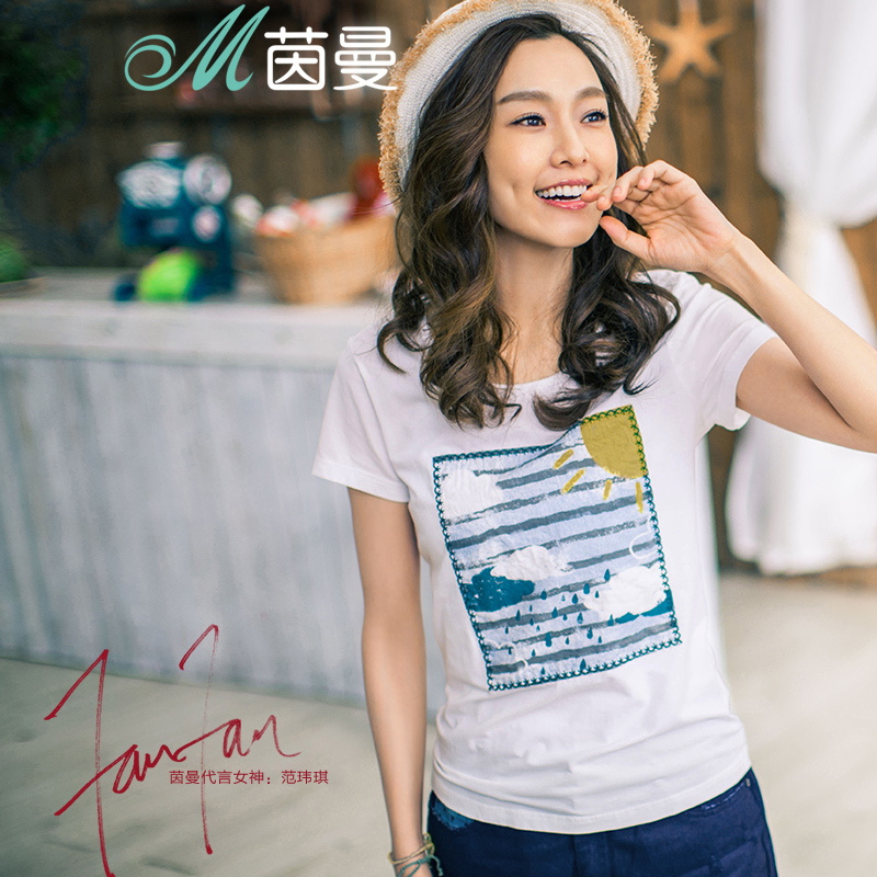 茵曼女装夏装新款棉质个性文艺印花韩版短袖T恤女式小衫上衣学生