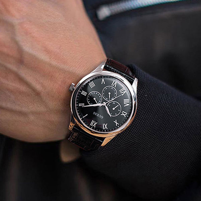 盖尔斯guess潮流时尚休闲多功能真皮石英男士手表w1130g4