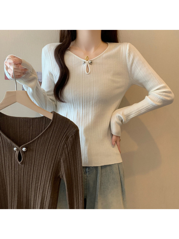 秋季新款设计感V领长袖打底衫内搭针织衫休闲ins韩版通勤个性上衣