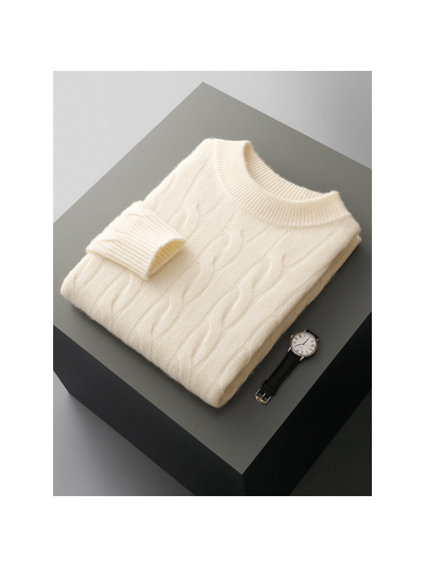 秋冬款男半高圆领100全羊毛衫扭花七针双股加厚毛衣针织打底毛衫