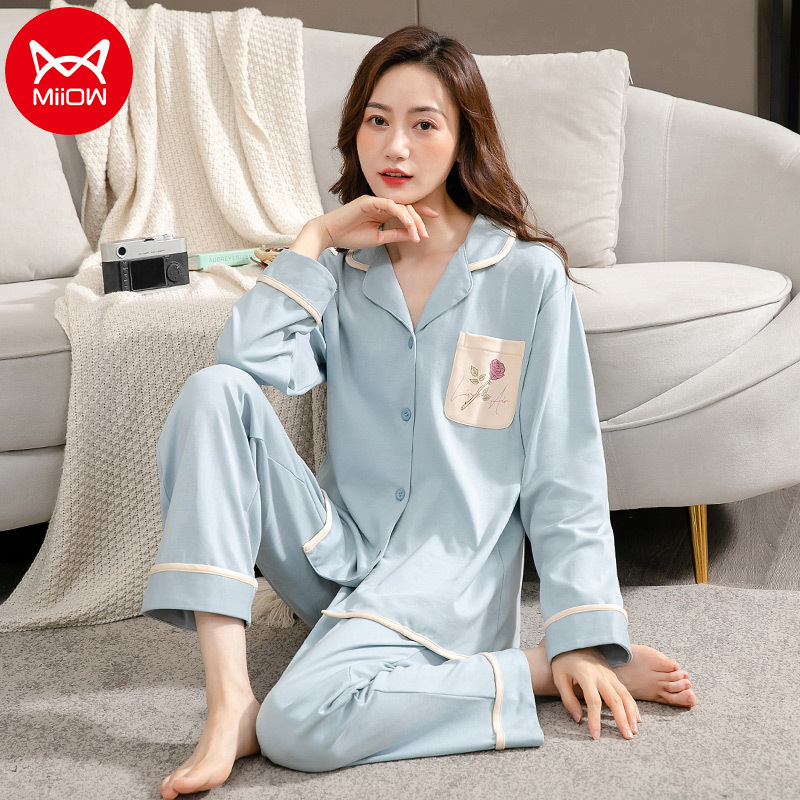 猫人睡衣秋季女纯棉开衫薄款长袖长裤奢华高贵可外穿家居服套装