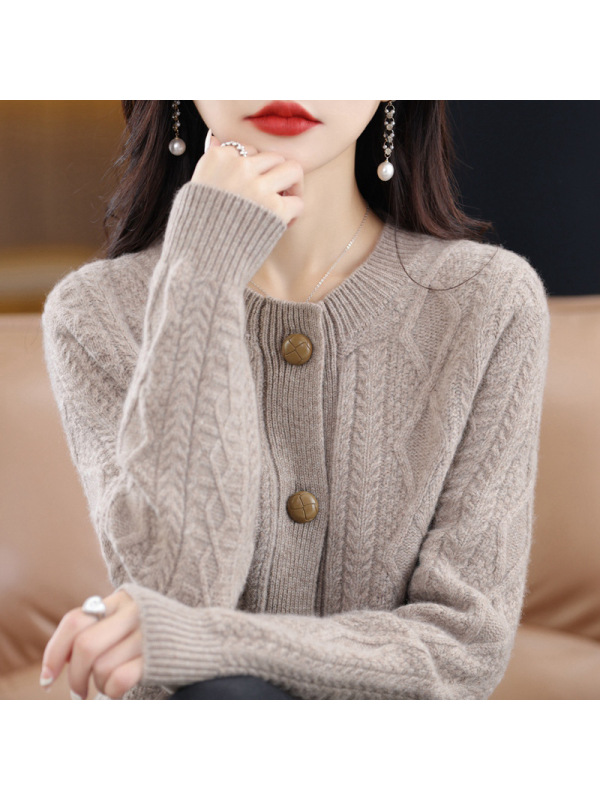 秋冬针织衫加厚毛衣女开衫女圆领复古麻花开衫慵懒外套