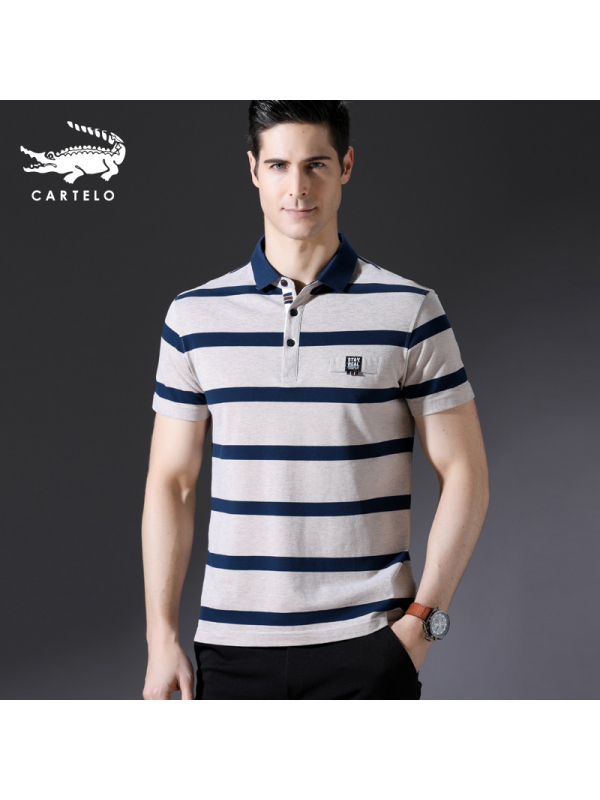 卡帝乐鳄鱼短袖t恤男翻领纯棉条纹polo衫中年男装上衣bab9081