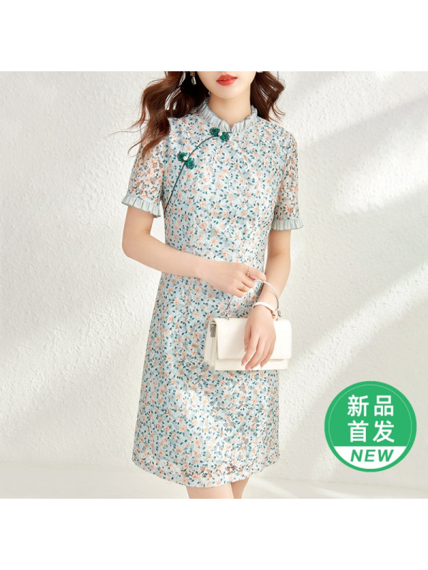 OUNIXUE欧昵雪 | [中国风印花蕾丝裙]夏季气质改良版旗袍印花裙盘扣连衣裙女