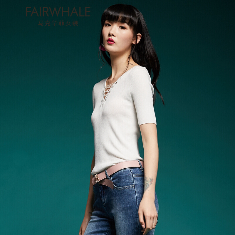 马克华菲女装2019春新chic绑带V领简洁套头针织