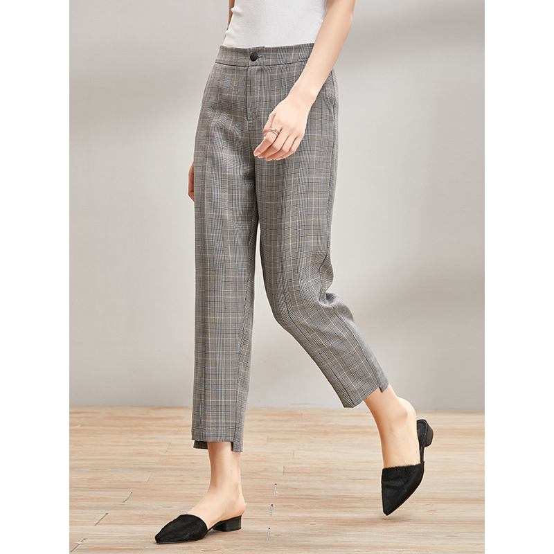 欧昵雪夏季ol休闲薄款格子小脚九分裤萝卜裤哈伦裤女西裤