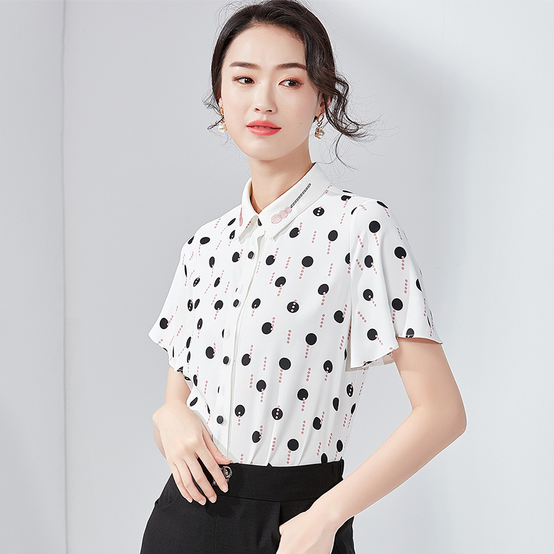欧昵雪夏季刺绣翻领荷叶袖圆点衬衫女短袖ol休闲波点衬衣