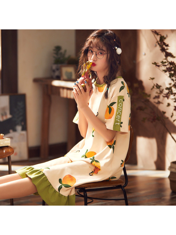 睡裙女夏季棉质短袖薄款 中长款睡衣韩版可爱卡通家居服连衣裙