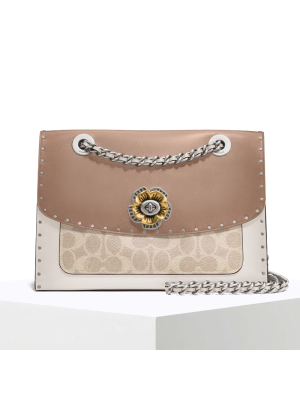 预订COACH\蔻驰 PARKER 口盖包单肩斜挎包 山茶花 牛皮革\涂层帆布