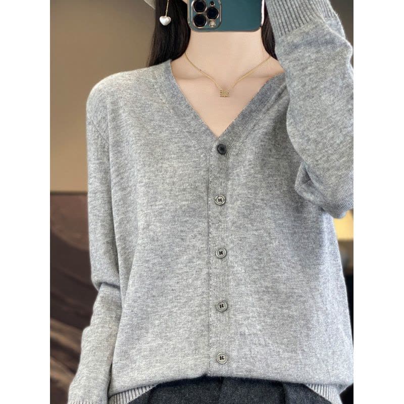 针织衫V领开衫女春秋新款毛衣外套安迪绒纯色短款外搭上衣图片