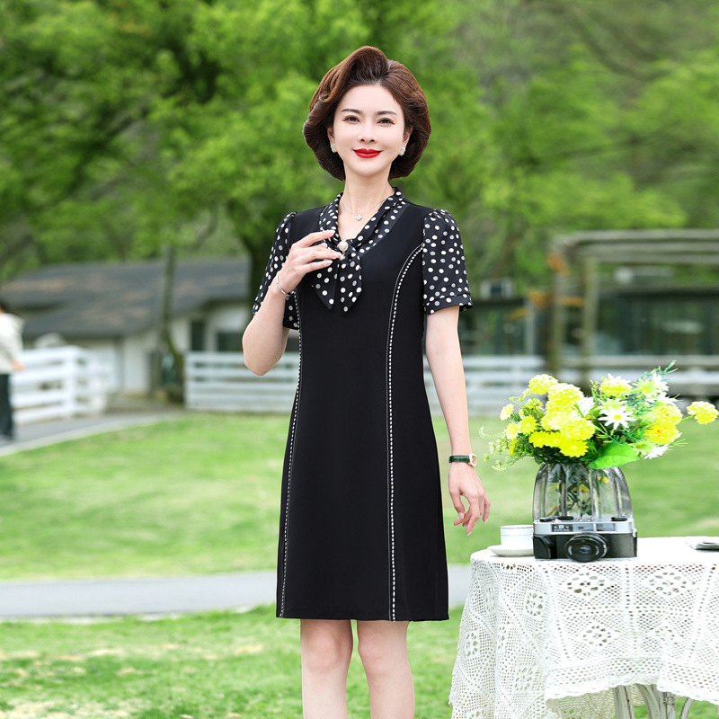 jusen shayu年轻妈妈装矮个子中年夏装女时尚飘带款婆婆装夏装40