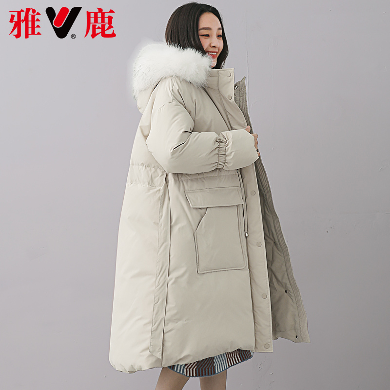 yaloo/雅鹿2019冬装中长款宽松直筒加厚韩版连帽带毛领羽绒服女潮