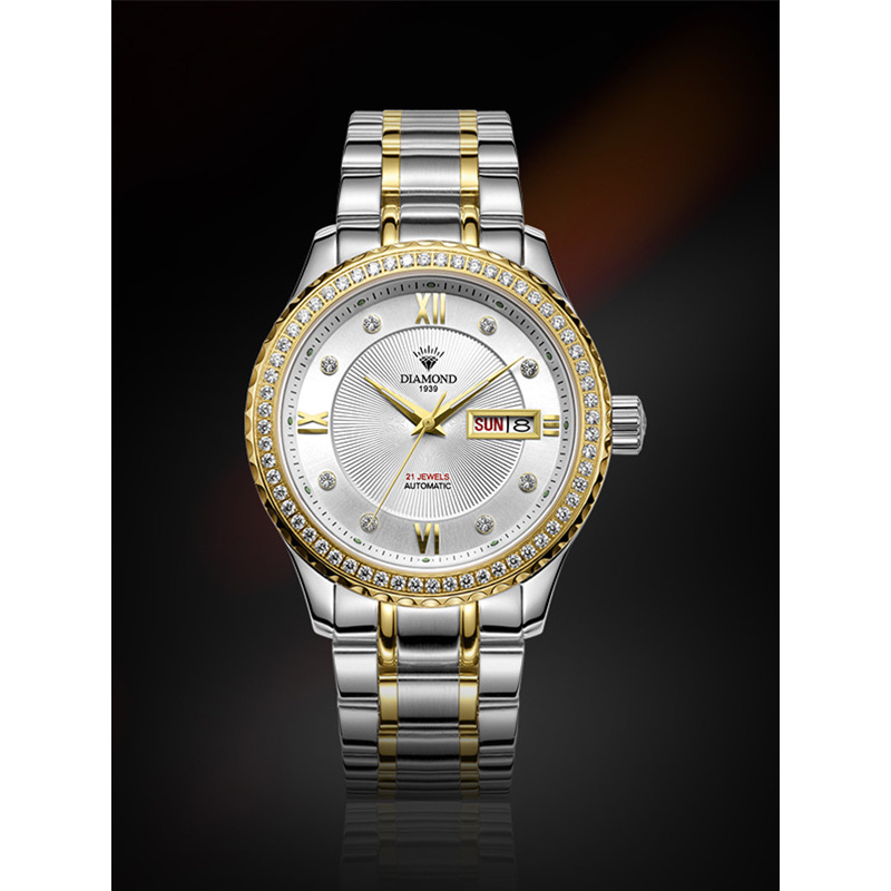上海钻石牌手表男全自动机械男表大表盘夜光日历8020男士钻石手表