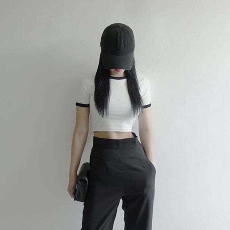 露肚脐修身短袖T恤女夏纯色圆领短款打底衫插色上衣韩国女装图片