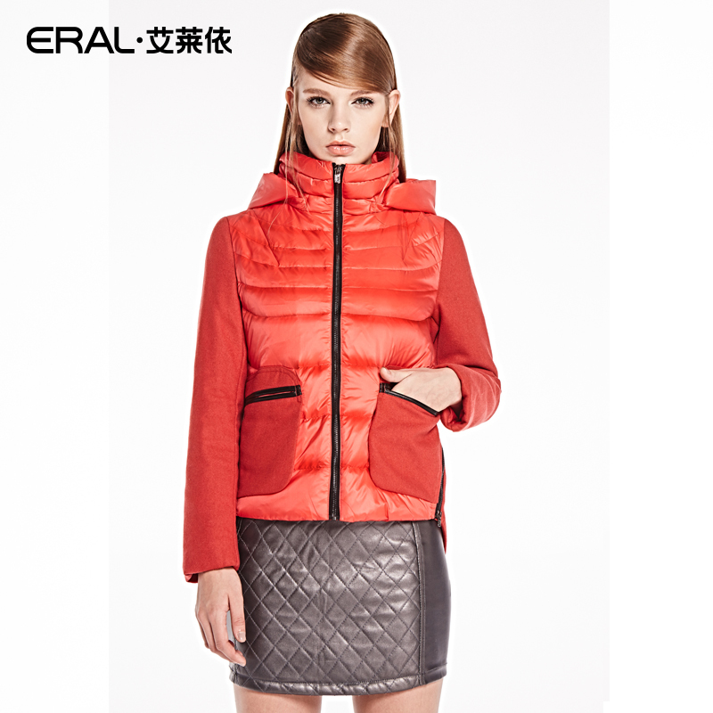 ERAL/艾莱依短款羽绒服女修身毛呢 拼接袖2019C
