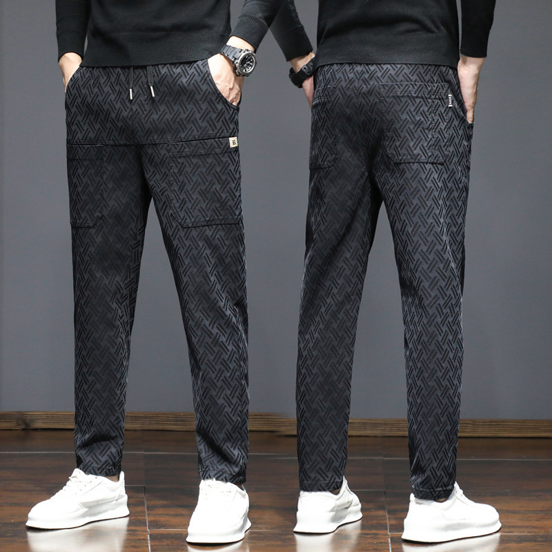 2023秋季新款六袋提花休闲裤男弹力修身直筒六兜裤子男士长裤