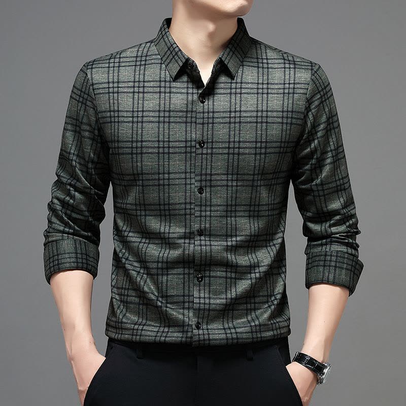 长袖衬衫春秋季开衫中年爸爸装商务休闲免烫格子衬衣服男图片