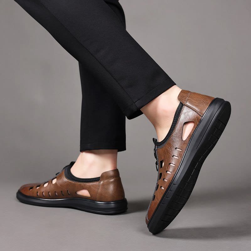 新款男士休闲镂空皮鞋男潮流透气洞洞鞋包头真皮凉鞋中老年爸爸鞋图片