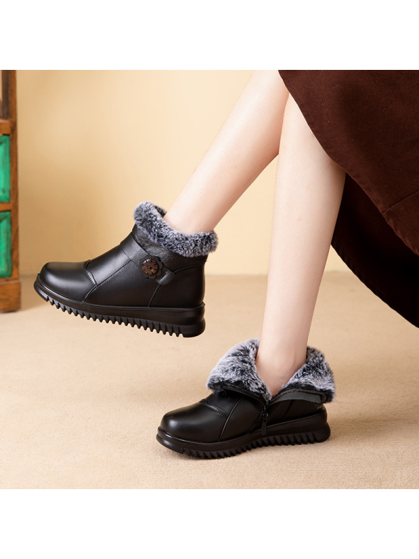 新款牛皮妈妈棉鞋圆头舒适软底防滑中老年妈妈皮靴
