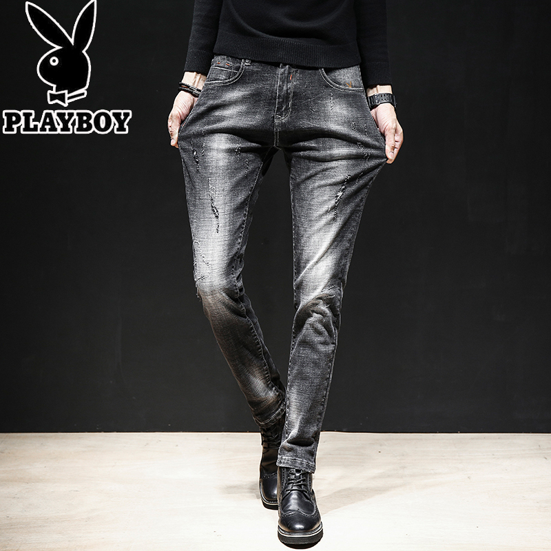 花花公子PLAYBOYJEANS牛仔裤男秋冬黑色修身型直筒弹力小脚男士长裤子潮