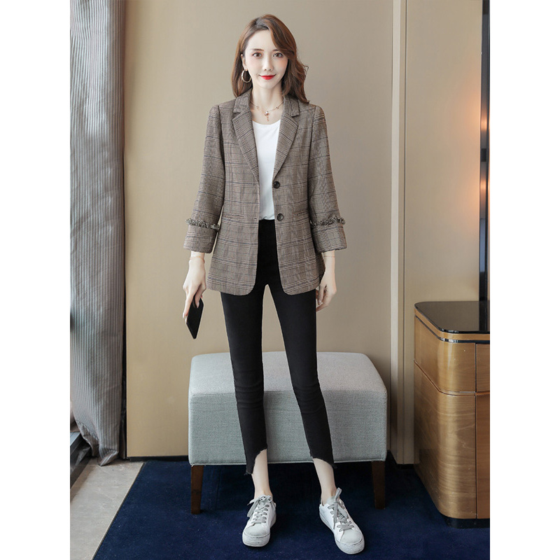 丝柏舍2019秋装女韩版复古格子翻领长袖两粒扣修身西服s93b4403x
