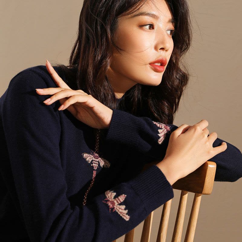 恒源祥半高领嵌花图案羊毛衫女19秋冬新款镶钻撞色毛衣复古针织衫图片