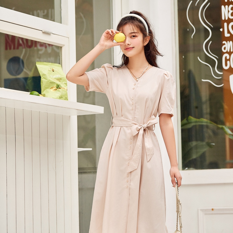 【满198减100预估价：89】森马连衣裙女2021年夏季新款V领收腰显瘦中长款裙子法式气质长裙
