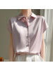 夏季仿真丝缎面衬衣短袖开衫女纯色Polo领气质上衣简约无袖衬衫女
