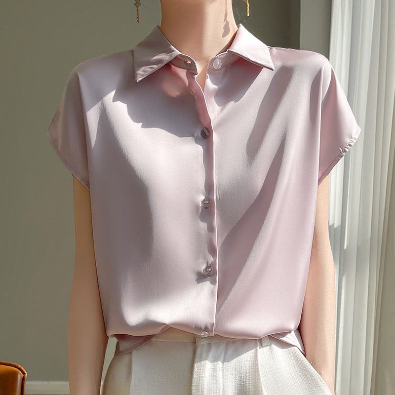 夏季仿真丝缎面衬衣短袖开衫女纯色Polo领气质上衣简约无袖衬衫女图片