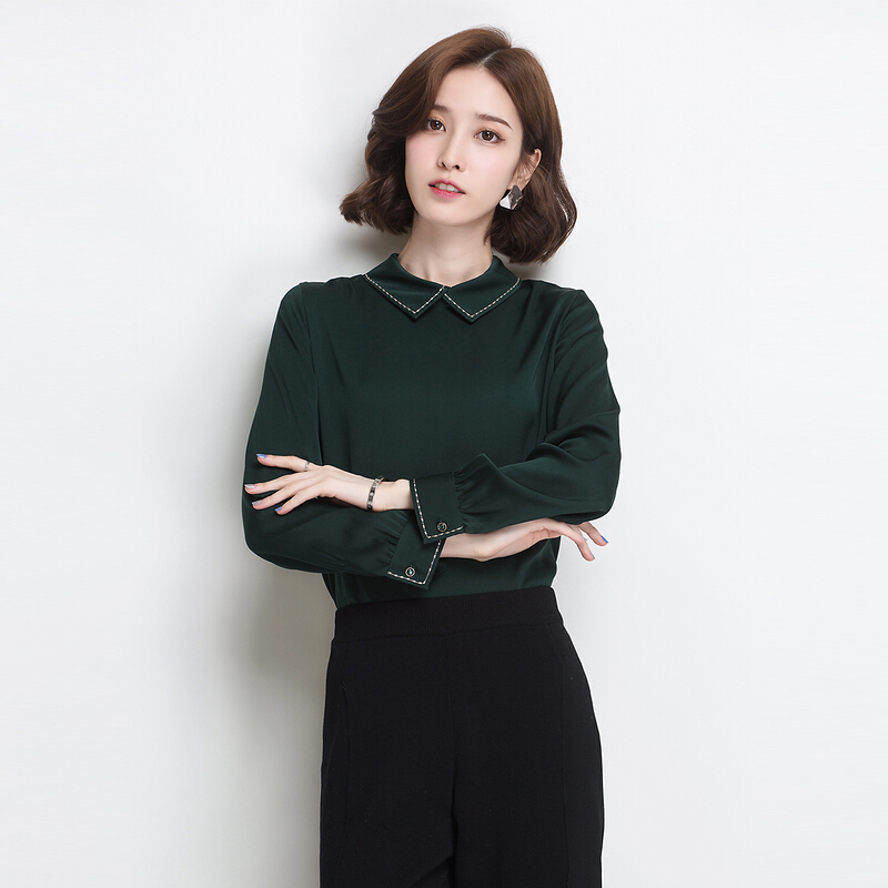 金菊女装春夏新款真丝衬衫女士小方领桑蚕丝衬衫时尚百搭长袖真丝衬衫