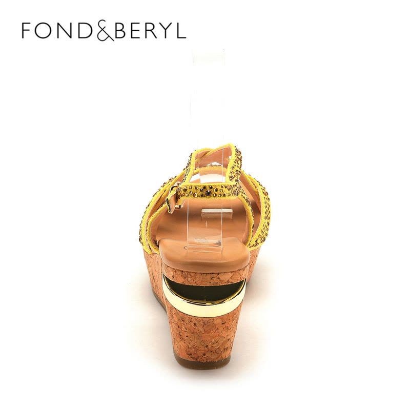 菲伯丽尔Fondberyl夏专柜特价黄色绒布露趾坡跟凉鞋女FB42117655图片