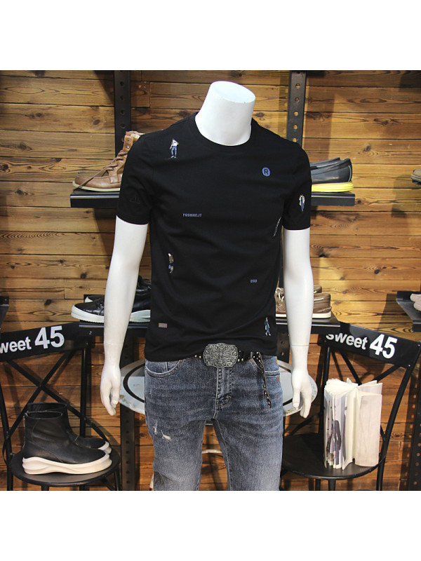 Ceen Bulled夏季丝光棉男T恤全身小人刺绣2022修身圆领弹力短袖青年帅气半袖