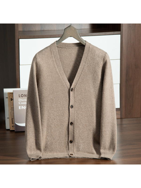 男士七针双股加厚山羊绒衫冬 V领开衫单排扣针织羊毛针织开衫外套