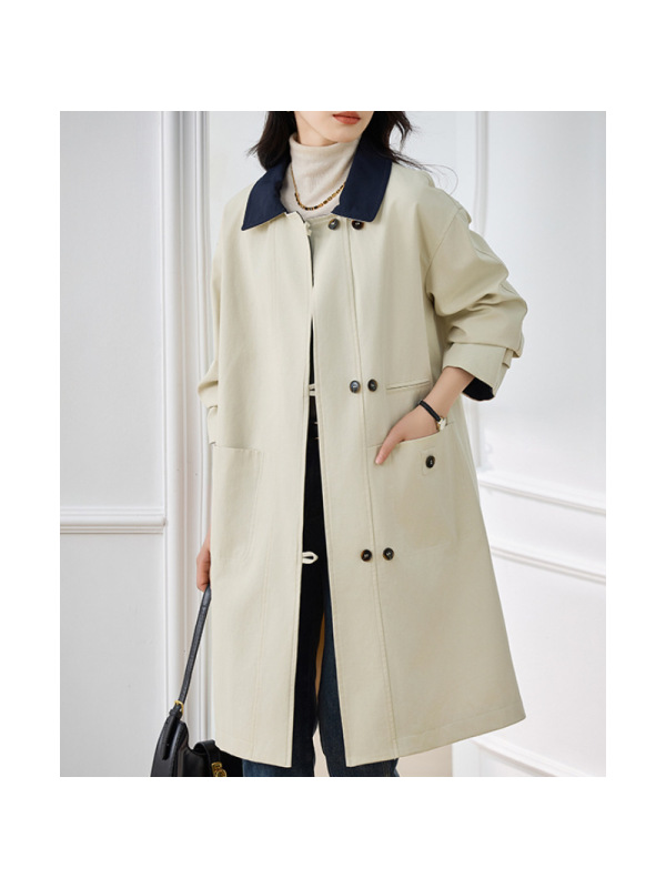 年春秋季新款中长款风衣女休闲宽松撞色领时尚显瘦工装风外套