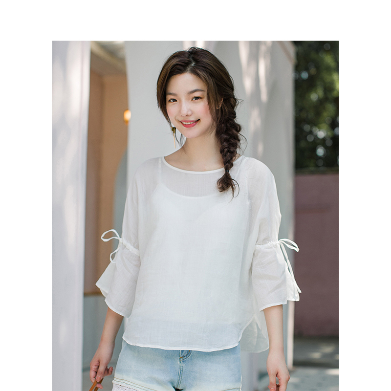 茵曼衬衣2019夏新款纯色苎麻气质系带喇叭袖吊带文艺两件套衬衫女