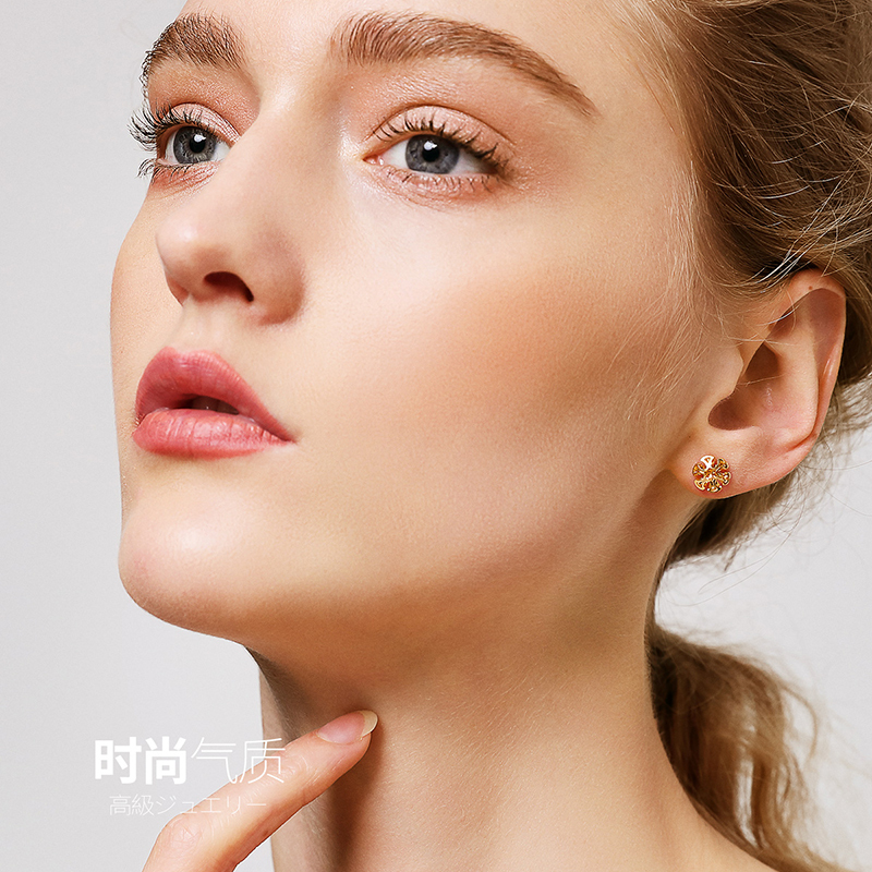 佰色传情18K金耳饰女简约彩金耳钉车花Au750立体耳环送女友送闺蜜送朋友生日节日礼物
