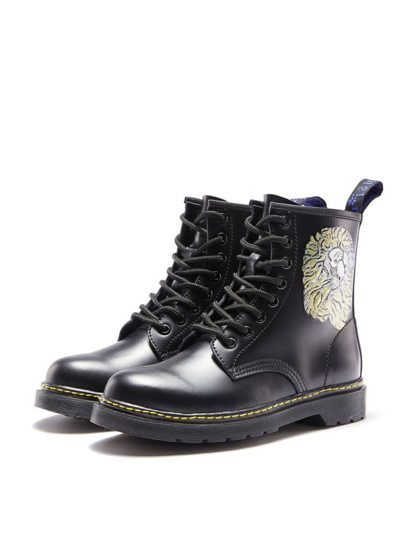 WIJI2018新款女鞋真皮高帮中筒靴单鞋粗跟系带百搭马丁靴个性皮鞋