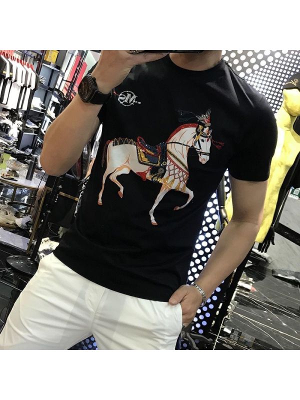 Ceen Bulled2022夏季新款3D数码重工马印花烫钻短袖T恤男丝光棉个性潮流T恤男