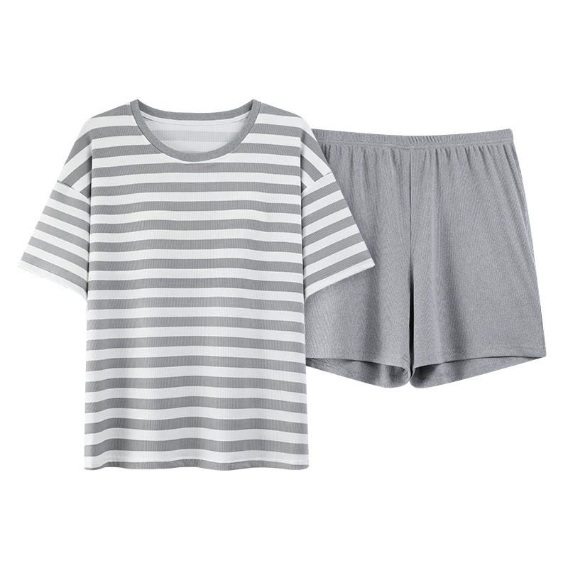 夏季带胸垫睡衣女短袖短裤两件套条纹圆领套装少女家居服工厂直销图片