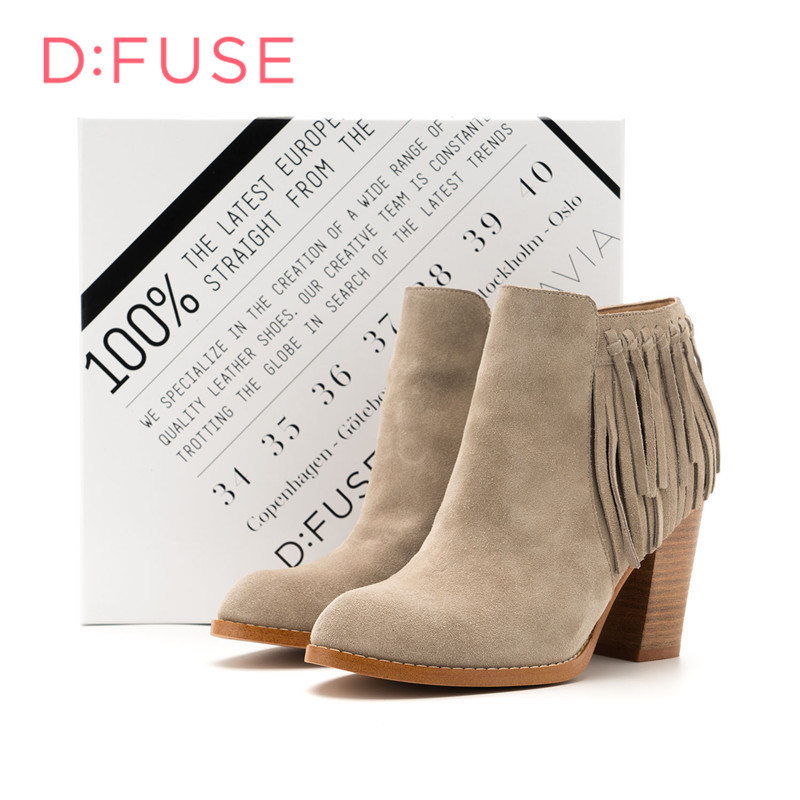 迪芙斯D:FUSE牛皮尖头高跟流苏短靴女鞋DF64117303