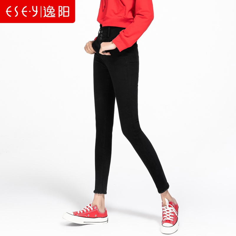 逸阳女裤2018秋冬新款加绒牛仔小脚裤女九分高腰排扣显瘦毛边