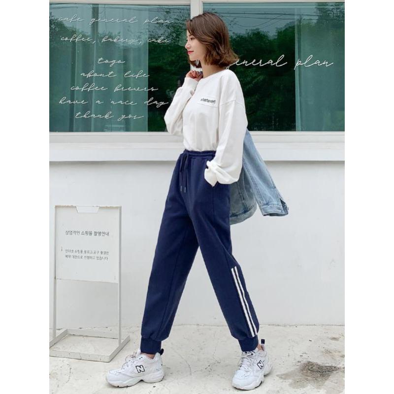 韩都衣舍2019韩版女装秋装新款宽松显瘦哈伦潮条纹休闲裤CQ9350焕